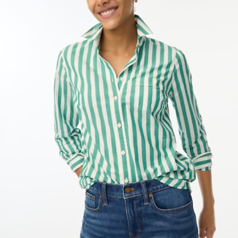 J. Crew green white pinstripe button down shirt top size XS
 b68